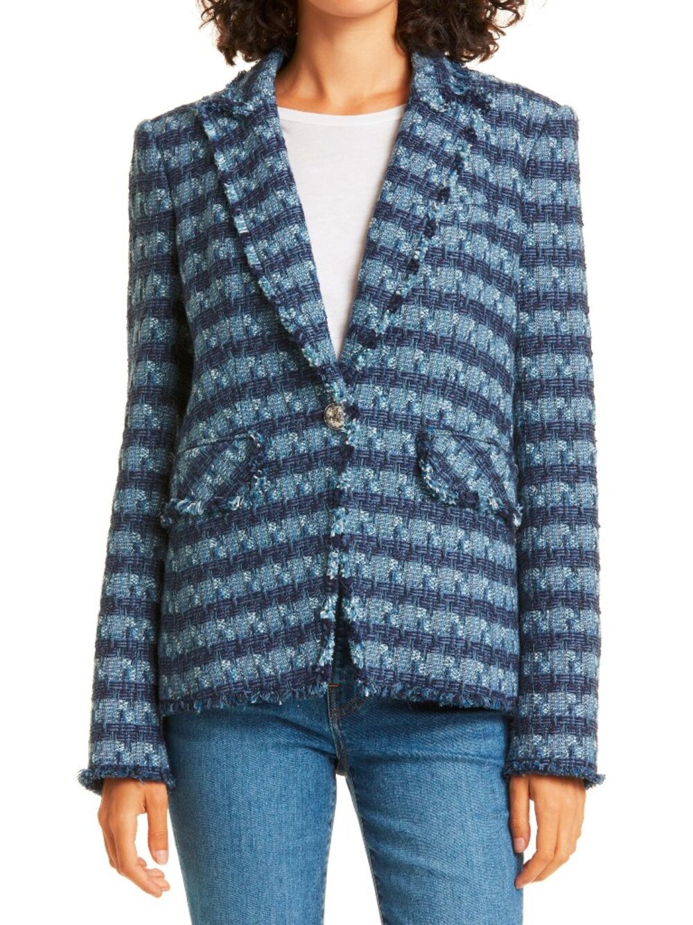Veronica Beard Blue Striped Cutaway Tweed Dickey Jacket
